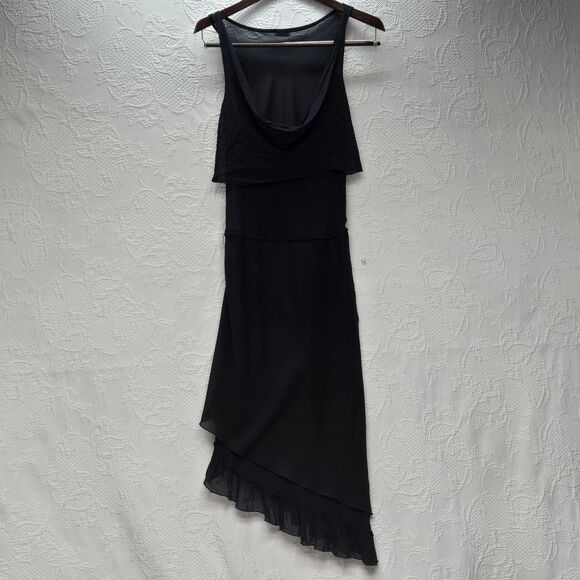 Sexy Sheer Little Black Dress Emily D Small Low Cowl Asymmetric Ruffle Skirt Tie - Picture 10 of 15